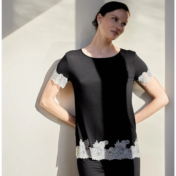 Natori Black Pajama Set with White Lace Accents - Picture 2 of 5